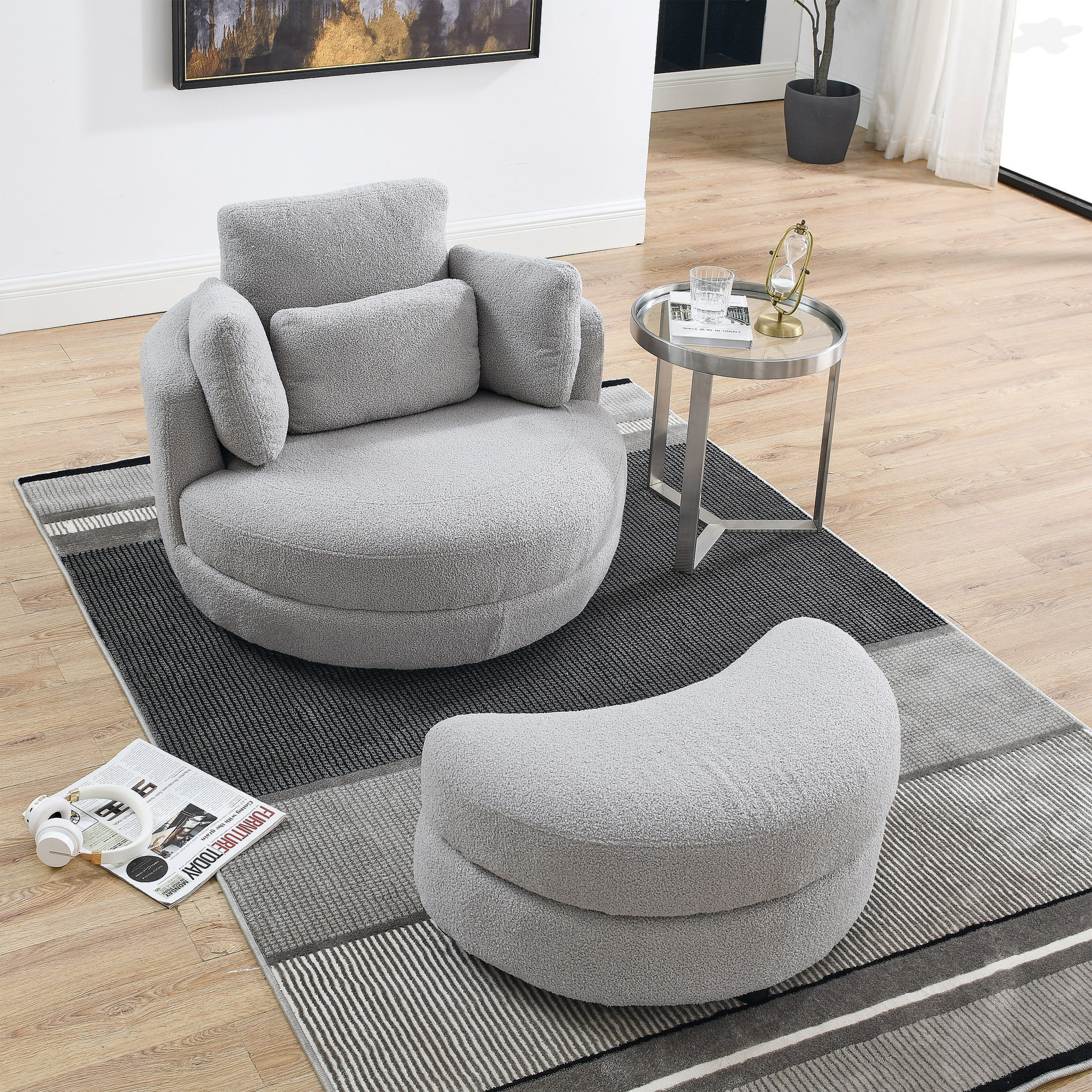 Oversized Swivel Chair with Moon Storage Ottoman for Living Room Orren Ellis Fabric or Leather Type Gray Teddy Fabric